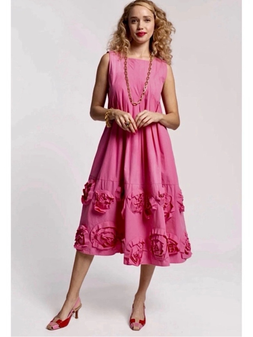 Frances Valentine Sunny Pleated Rosette Poplin Midi Dress Size xs runs bigger